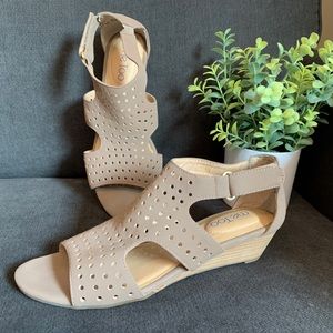 Me Too laser cutout wedge sandals nude